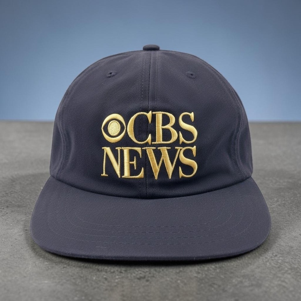 Vintage CBS News Hat New England Cap Black Made in USA Leather Strap Dad Hat